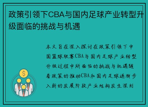 政策引领下CBA与国内足球产业转型升级面临的挑战与机遇