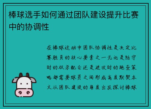 棒球选手如何通过团队建设提升比赛中的协调性