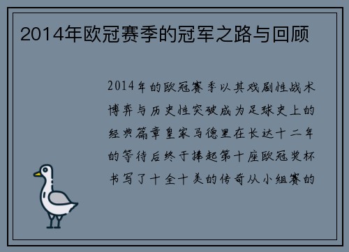 2014年欧冠赛季的冠军之路与回顾